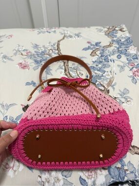 Pink Crochet Drawstring Bucket Bag with Tan Leather Trim and free long straps